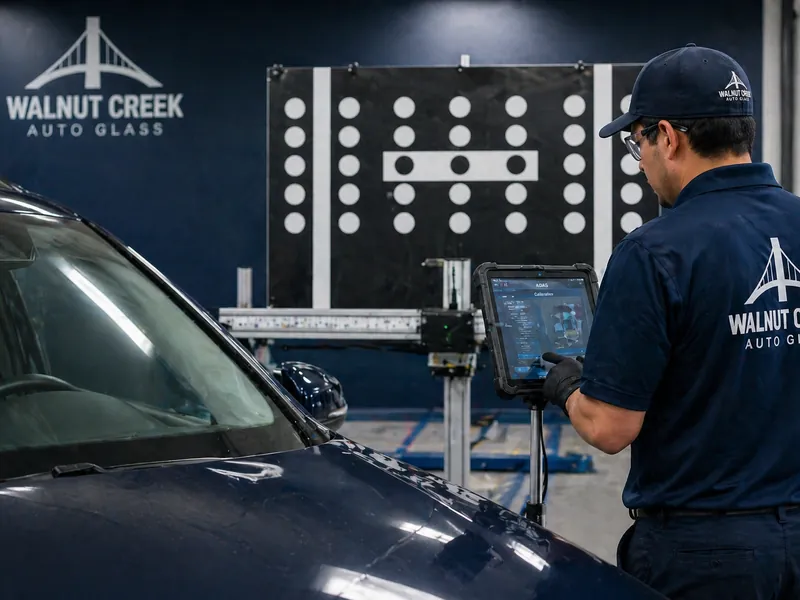 Gateway Auto Glass technician performing ADAS calibration with diagnostic tablet