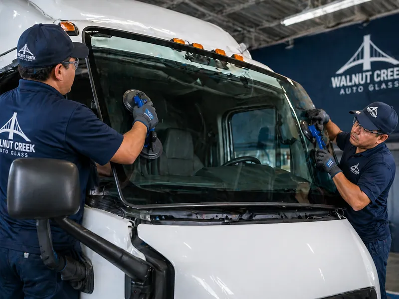 Two Gateway Auto Glass technicians replacing a commercial truck windshield