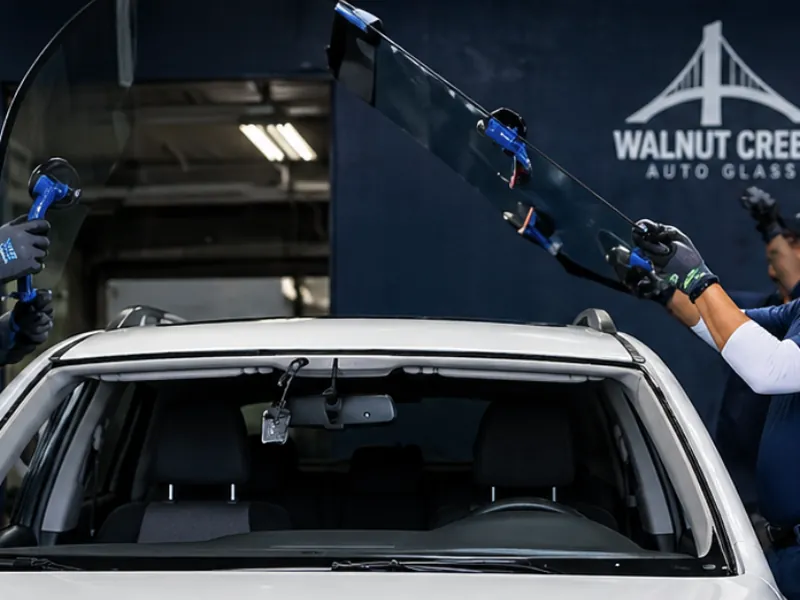 Two Gateway Auto Glass technicians installing a windshield